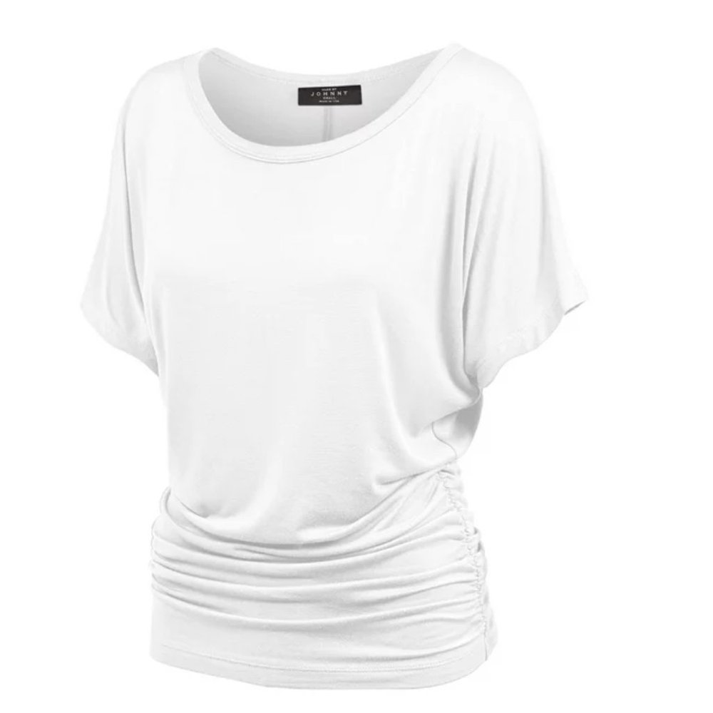 Made by Johnny Women's White Short Sleeve Boat Neck Dolman Top Side Shirring NWT